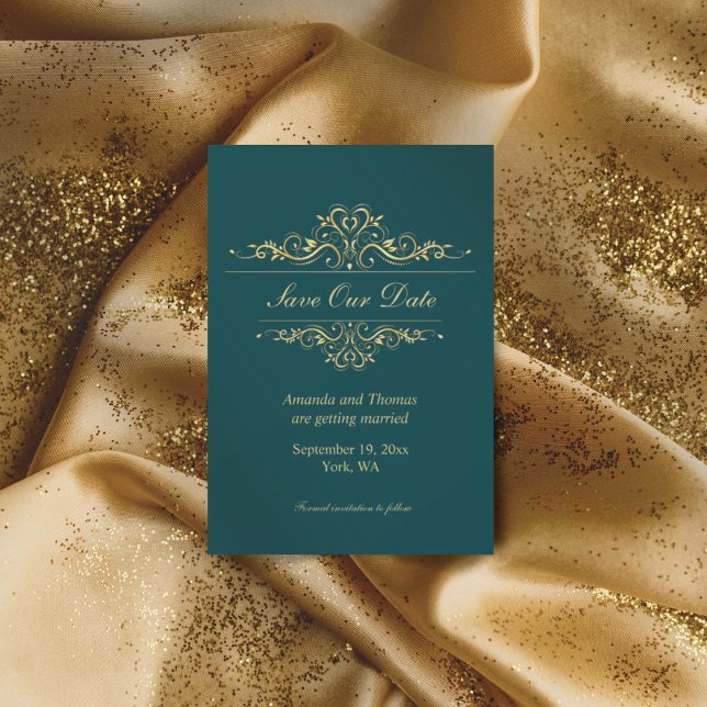 Benzingrün, goldfarbener Rahmen Save the Date Kart (Von Creator hochgeladen)