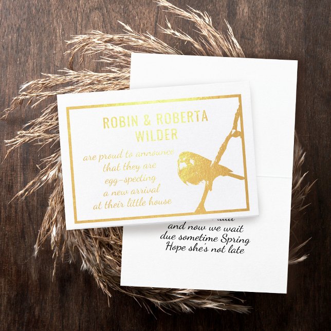 Beobachtung der Schwangerschaftsankündigung Folienkarte (Waiting for your little bird to arrive? Here's a real gold foil announcement card you can send)