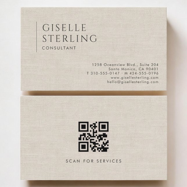 Berater Luxus Neutraler Leinen QR Code Visitenkarte (Von Creator hochgeladen)