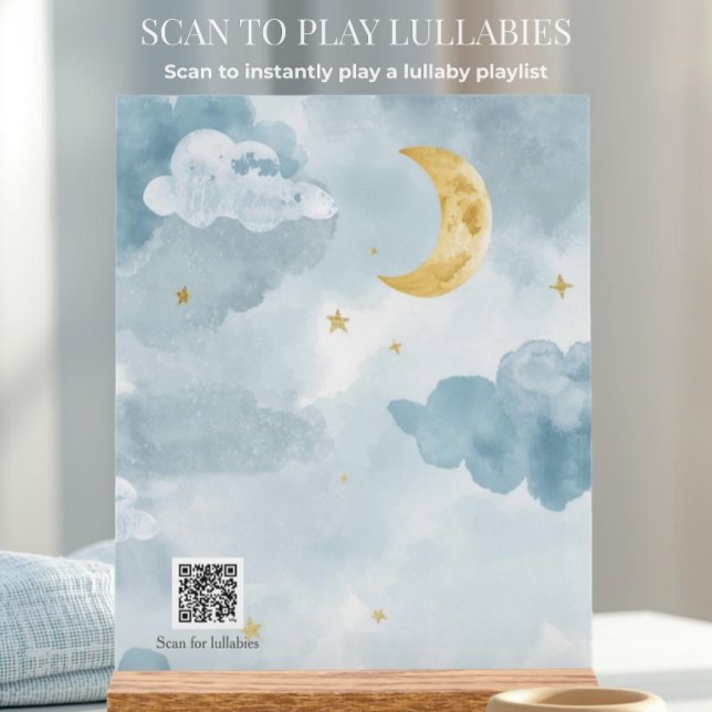 Berceuse interactive Code QR Aquarelle bleue Lune (Modern blue moon nursery acrylic with an interactive QR code linking to a dreamy Spotify playlist.)