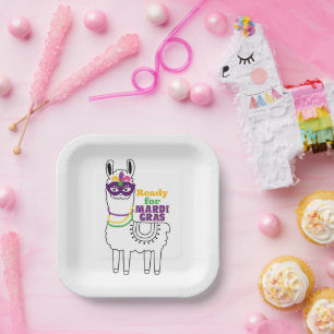 Bereit für Mardi Gras-Lamas-Maske Pappteller