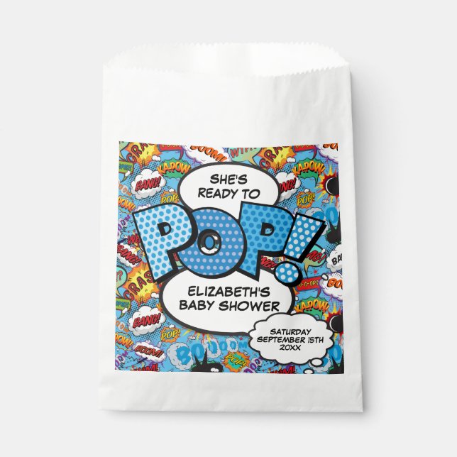 Bereit für Pop Baby Dusche Blue Comic Book Geschenktütchen (Vorderseite)