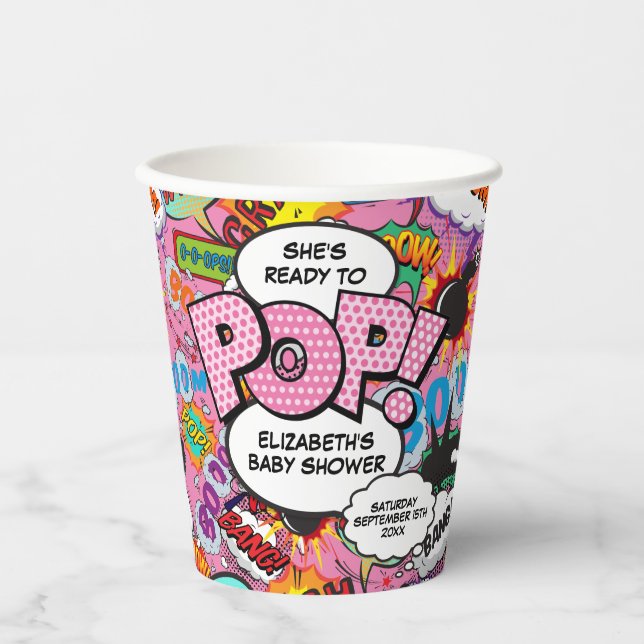 Bereit für Pop Babydusche Rosa Comic Buch Pappbecher (Vorderseite)