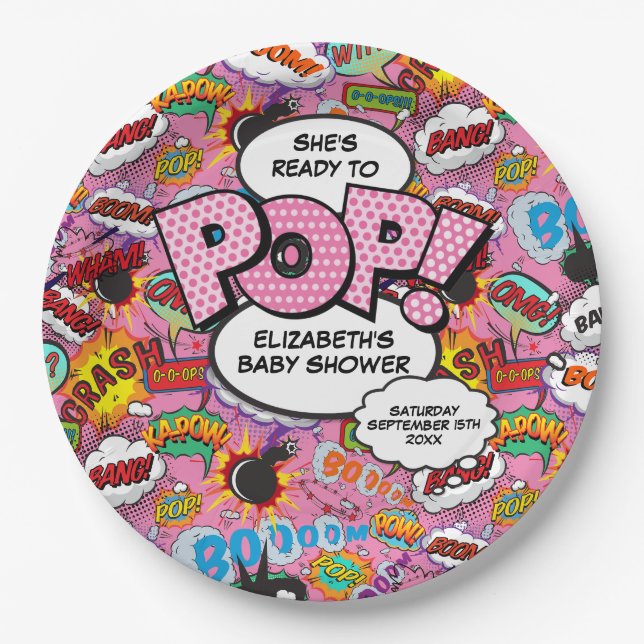 Bereit für Pop Babydusche Rosa Comic Buch Pappteller (Vorderseite)