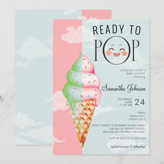 Bereit für Pop Mint & Pink Ice Cream Baby Dusche Einladung (Vorne/Hinten)