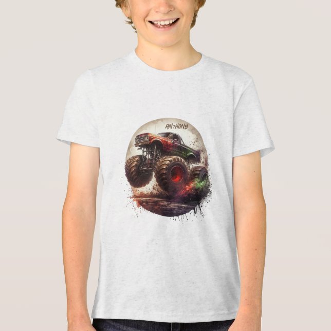 "Bereit und bereit zum Roll" Custom Monster Truck Tri-Blend Shirt (Vorderseite)