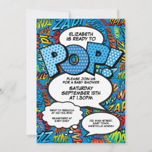 Bereit zu platzen Baby Shower Comic-Book-Spaß Blau Einladung