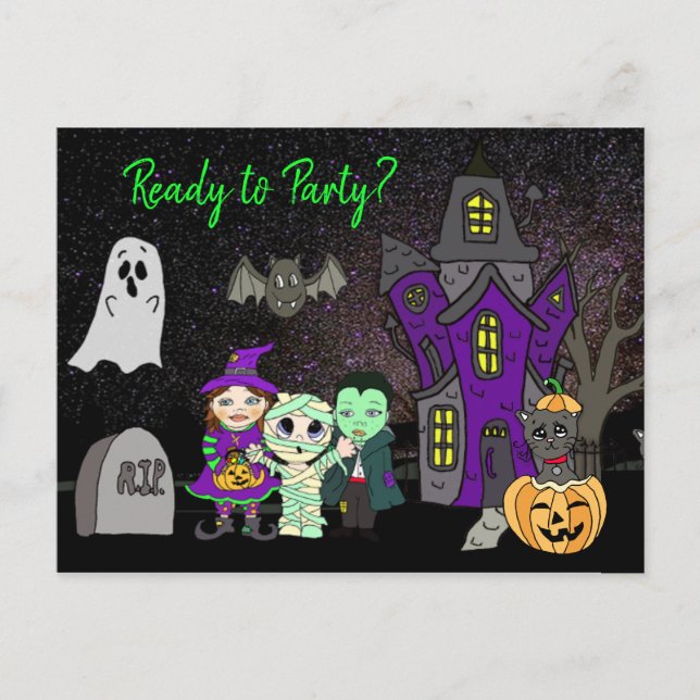 Bereit zum Party, Halloween Spuk House Einladung Postkarte (Vorderseite)