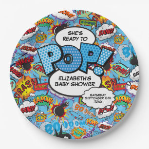 Bereit zum Platzen Baby Shower Blau Comic-Book Pappteller