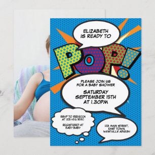 Bereit zum Platzen Baby Shower Blau Comic-Photo Einladung