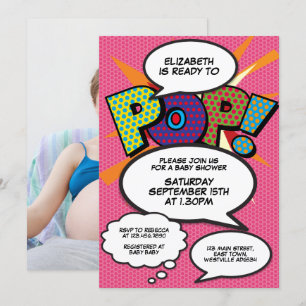 Bereit zum Platzen Rosa Baby Shower Comic-Book-Fot Einladung
