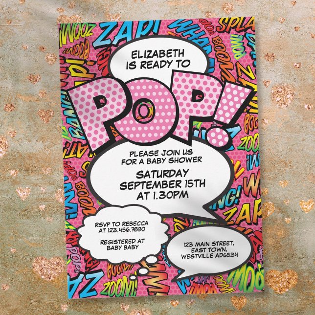 Bereit zum Pop Baby Dusche Comic Buchen Spaß Rosa Einladung (Ready to Pop Baby Shower Comic Book Fun Pink Invitation)