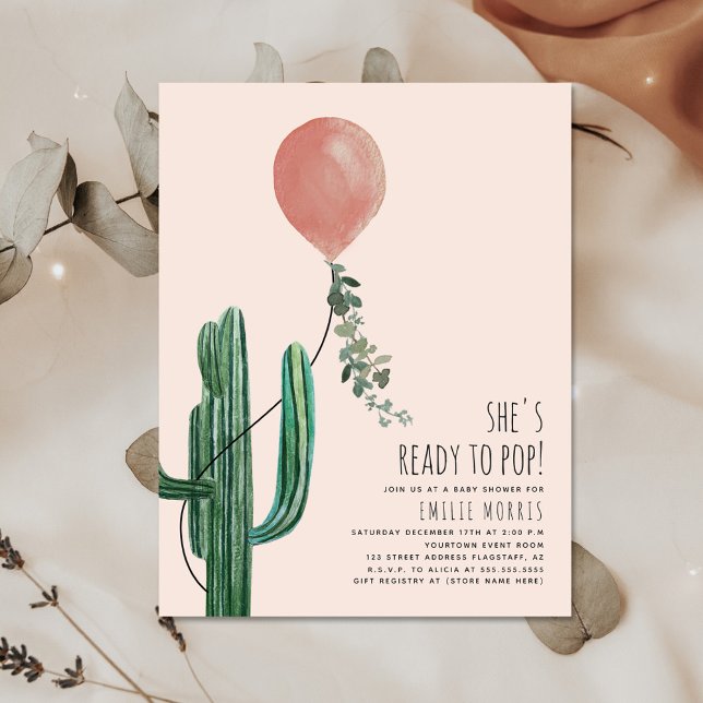 Bereit zum Pop Balloon Cactus Pink Baby Shower Einladung (Von Creator hochgeladen)
