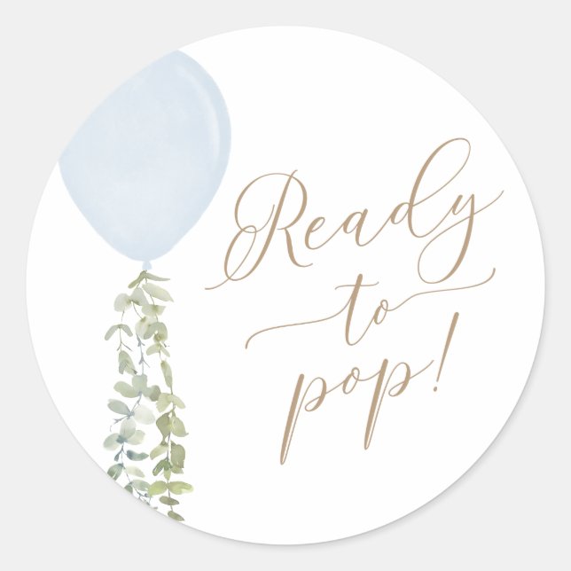 Bereit zum Pop Blue Balloon Eucalyptus Baby Dusche Runder Aufkleber (Vorderseite)