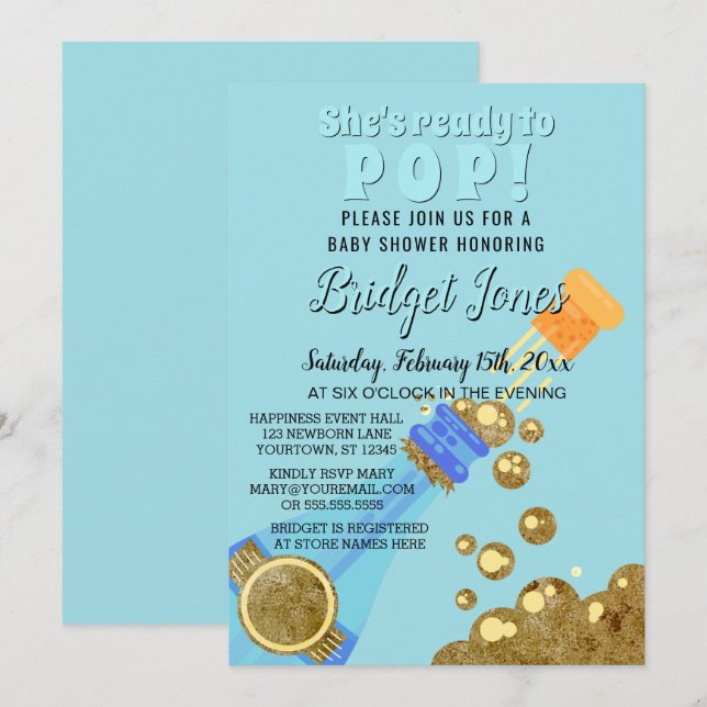 Bereit zum Pop Champagne Baby Blue Boy Dusche Einladung (Vorne/Hinten)