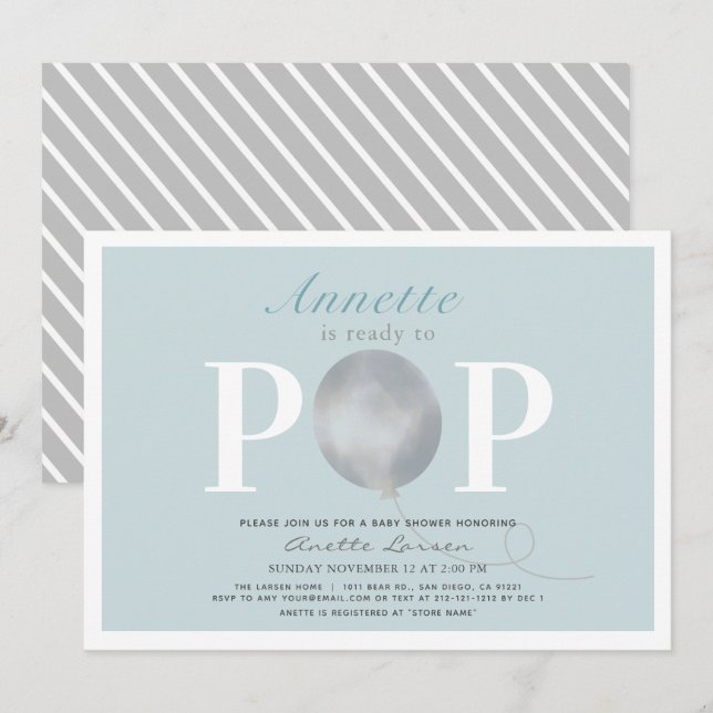 Bereit zum Pop Modernes Blue Balloon Baby Dusche Einladung (Vorne/Hinten)