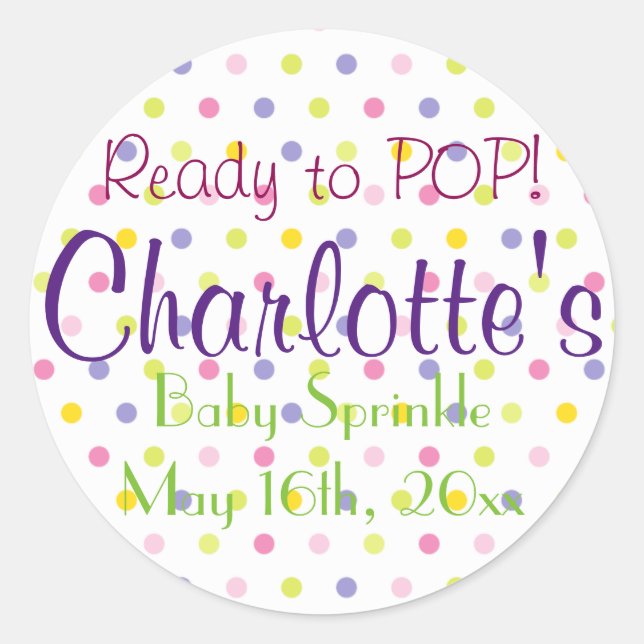 Bereit zum POP! Pastel Polka Dot Baby Sprinkle Runder Aufkleber (Vorderseite)