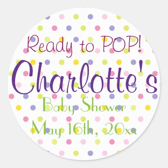 Bereit zum POP! Pastel Polka Dot Babydusche Runder Aufkleber (Vorderseite)