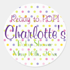 Bereit zum POP! Pastel Polka Dot Babydusche Runder Aufkleber