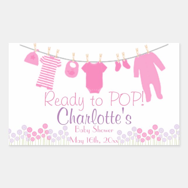 Bereit zum POP! Pink Baby Clothesline Babydusche Rechteckiger Aufkleber (Vorderseite)