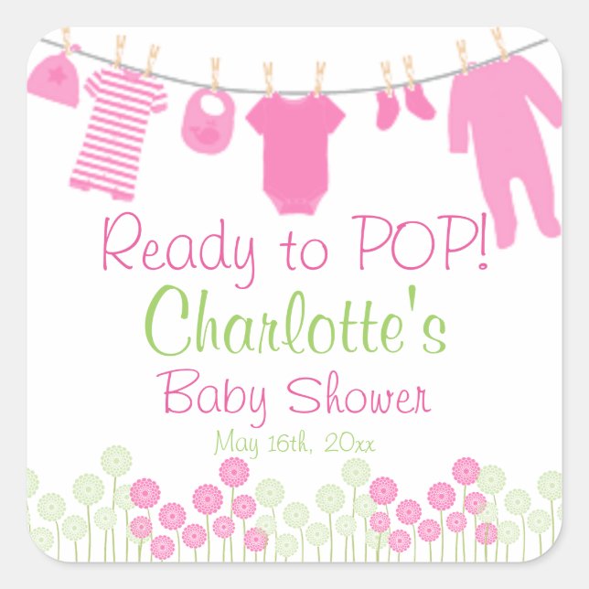 Bereit zum POP! Pink Clothesline Babydusche Quadratischer Aufkleber (Vorderseite)