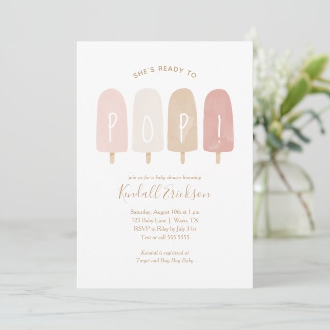 Bereit zum Pop Pink Popsicle Girl Babydusche Einladung (Stehend Vorderseite)