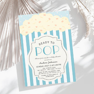 Bereit zum Pop Popcorn Blue Stripe Boy Babydusche Einladung