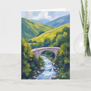 Berg-Fluss-Brücke Grüne Wasserfarbenlandschaft Karte