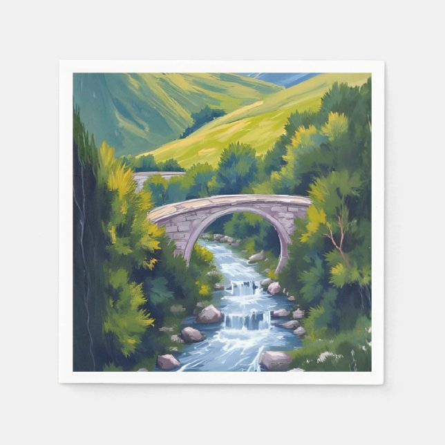 Berg Fluss Brücke Grüne Wasserfarbenlandschaft Serviette (Vorderseite)