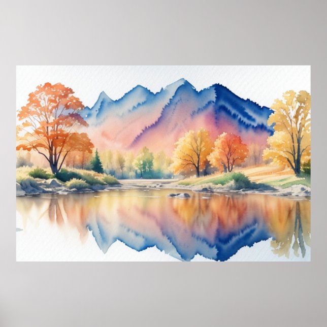 Berg im Herbst Wasserfarbenwelt Landschaft Poster (Vorne)