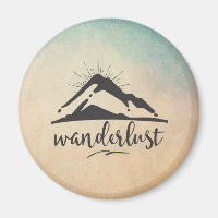 Berg mit Sonnenstrahlen und Wanderlust Typografie
