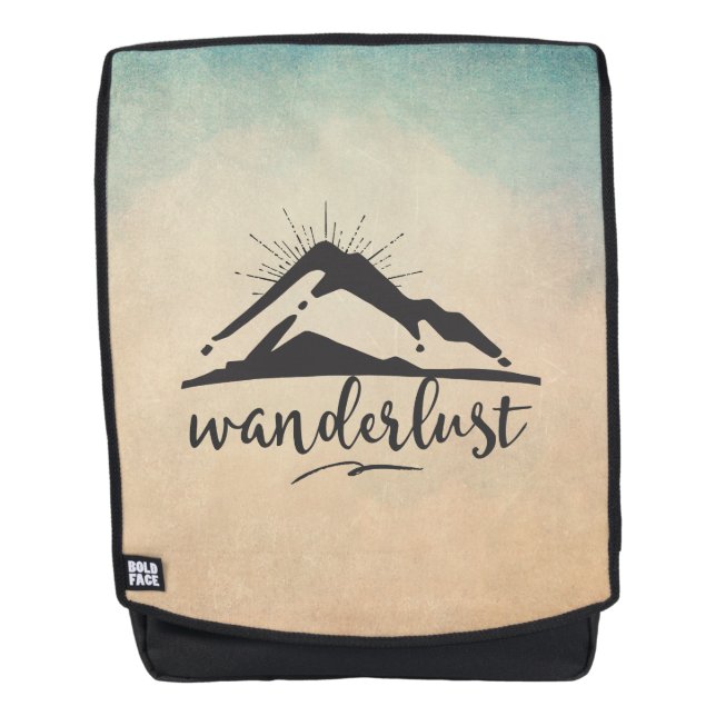 Berg mit Sonnenstrahlen und Wanderlust Typografie Rucksack (Vorderseite)