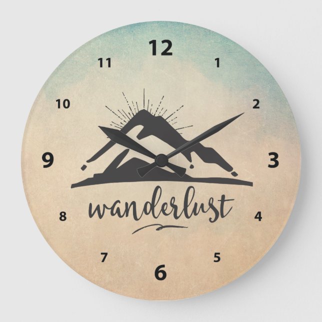 Berg mit Sonnenstrahlen - Wanderlust Typografie Große Wanduhr (Vorderseite)