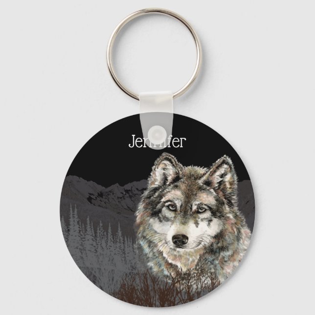 Berg mit Watercolor Wolf Tierart Individuelle Name Schlüsselanhänger (Vorderseite)
