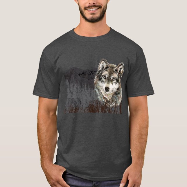 Berg mit Watercolor Wolf Tierwelt T-Shirt (Vorderseite)
