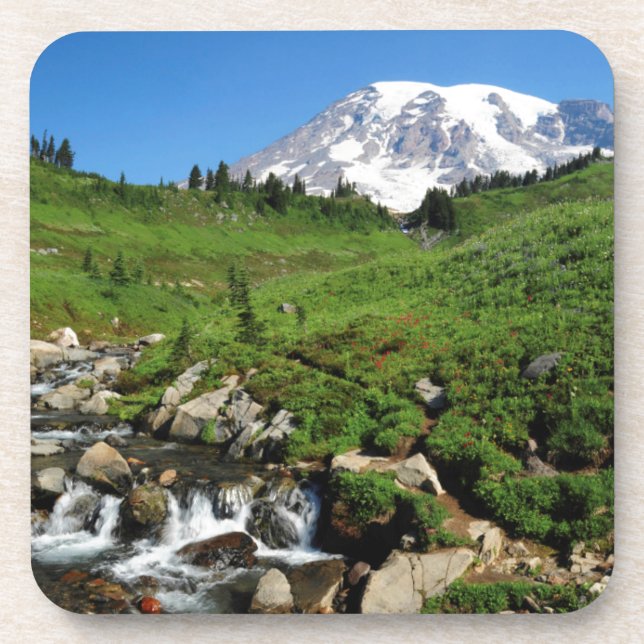 Berg Rainier, Wasserfall, schneebedeckt Untersetzer (Vorderseite)