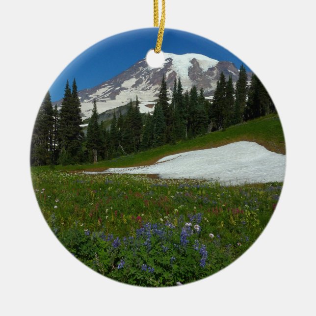 Berg Rainier, Wildblumen und Schnee Keramik Ornament (Vorne)