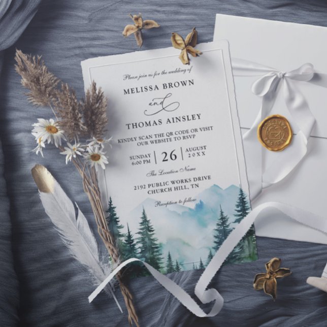 Berg-Rustikal-Bäume-Kiefer-Budget-QR-Code-Hochzeit Einladung (Von Creator hochgeladen)