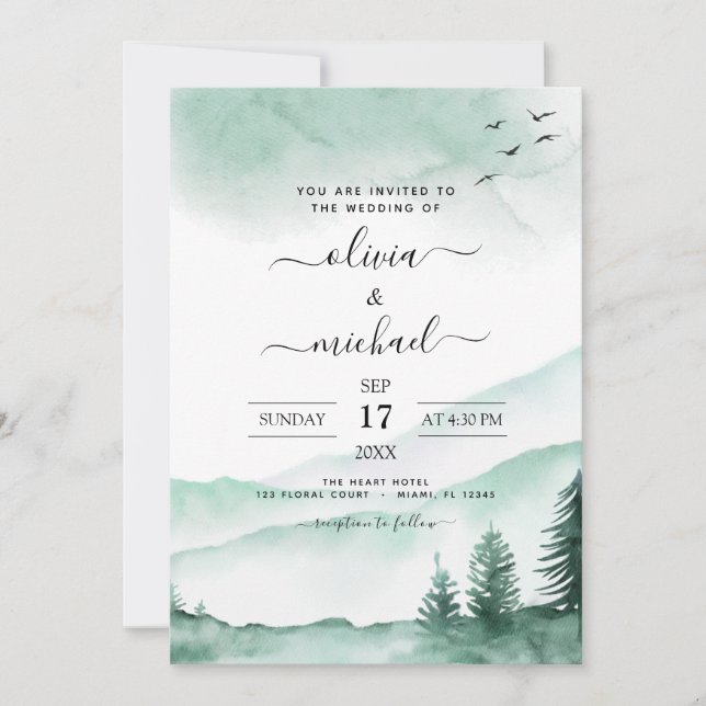 Berg Rustikale Wasserfarbenwelt Hochzeit Invita Einladung (Vorderseite)