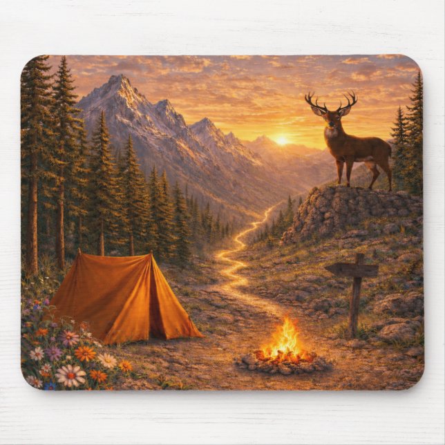 Berg-Sonnenuntergang-Hirsch-Campingplatz-Mauspad Mousepad (Vorne)