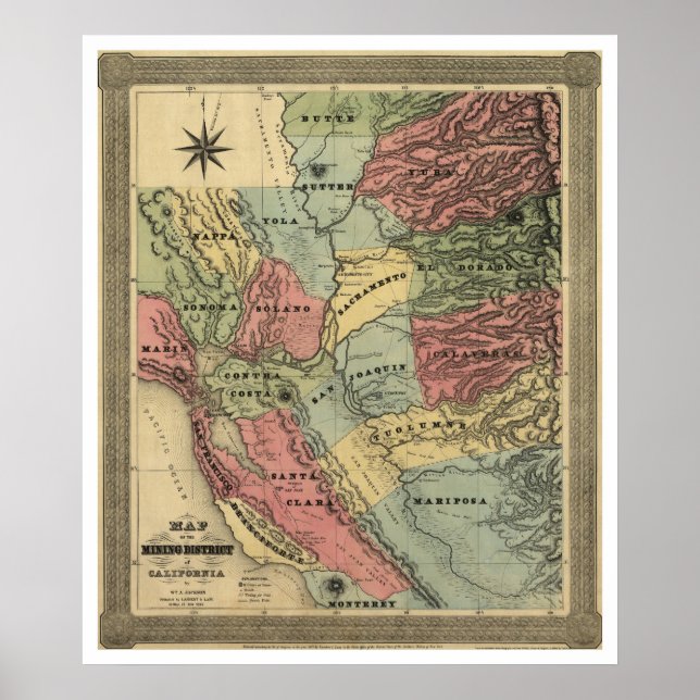 Bergbau in Kalifornien Karte - 1851 Poster (Vorne)