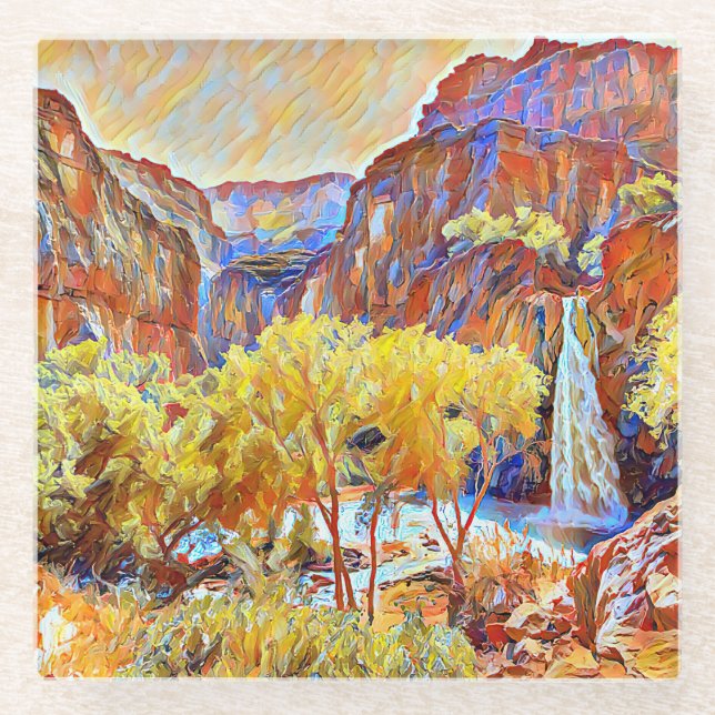 Bergbauten Wasserfall Abstrakte Ölmalerei Glasuntersetzer (Vorderseite)