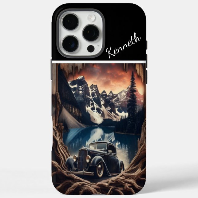 Bergblick durch Holz iPhone 16 Pro Max Hülle (Rückseite)
