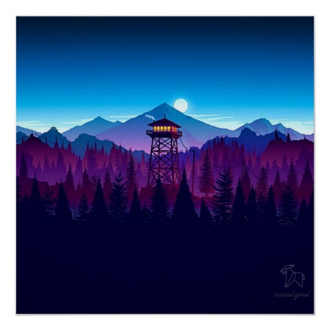 Berge, Bäume, Turm, Nachtwald Poster (Vorderseite)