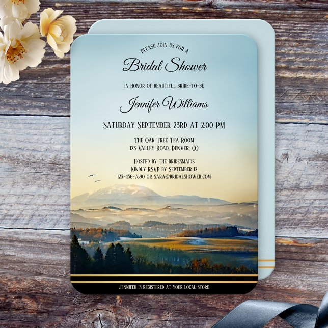 Berge Landschaft Art Bridal Dusche Einladung (Bridal shower invite featuring a painting of a landscape scene with mountains and a golden lining)