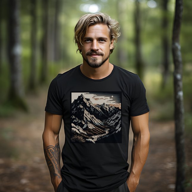 Berge Natur Landschaft Vintage Reise Linocut T-Shirt (Dark Mountains on a black shirt, perfect for outdoorsmen, hikers, campers, climbers, and athletes.)