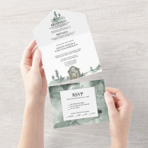 Berge, Pinienbäume, Hütte Rustikale Hochzeit All In One Einladung