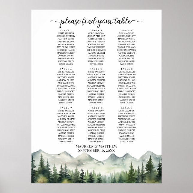 Berge und Pinien 9 Tische Hochzeitssitze Poster (Vorne)