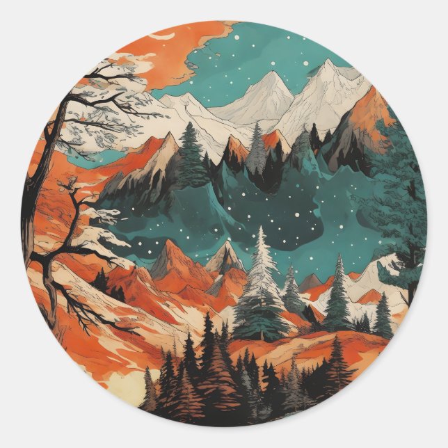 Berge und Sterne Runder Aufkleber (Vorderseite)