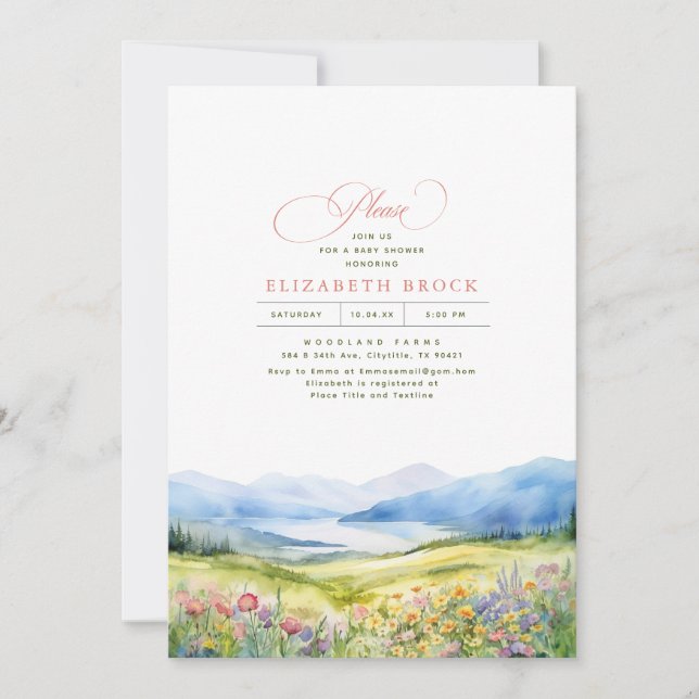 Berge und Wildblumen Elegante Babydusche Einladung (Vorderseite)